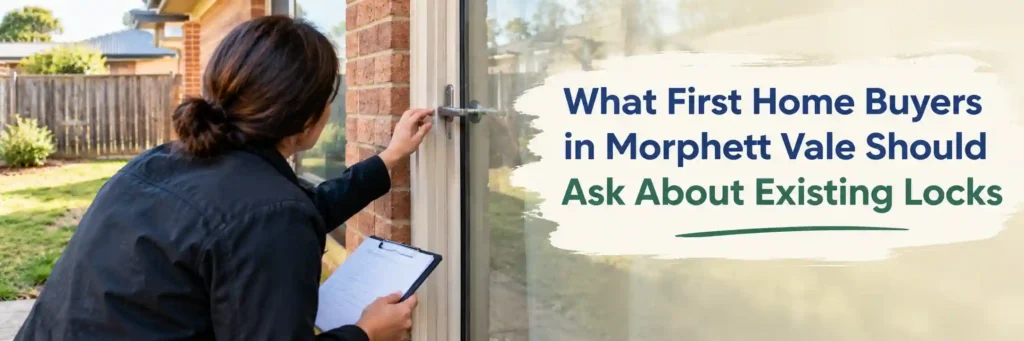 First home buyer inspecting existing door locks at a brick home in Morphett Vale